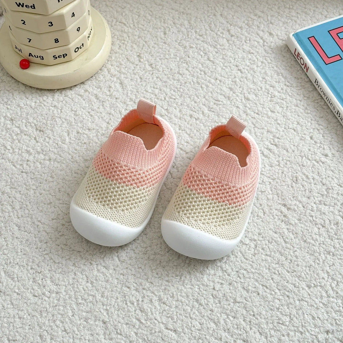 B-Pink baby mesh sock shoes with pink and cream upper and white rubber soles