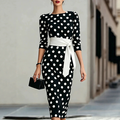 Elegant Polka Dot Dress with Waist Sash