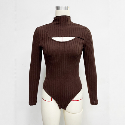 Coffee Brown Cutout Long-Sleeve Bodysuit