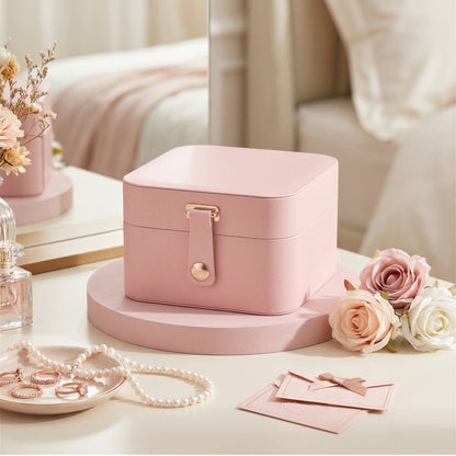 Closed pink travel jewelry organizer displayed on a dressing table beside jewelry and flowers.