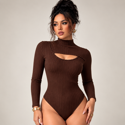 Coffee Brown Cutout Long-Sleeve Bodysuit