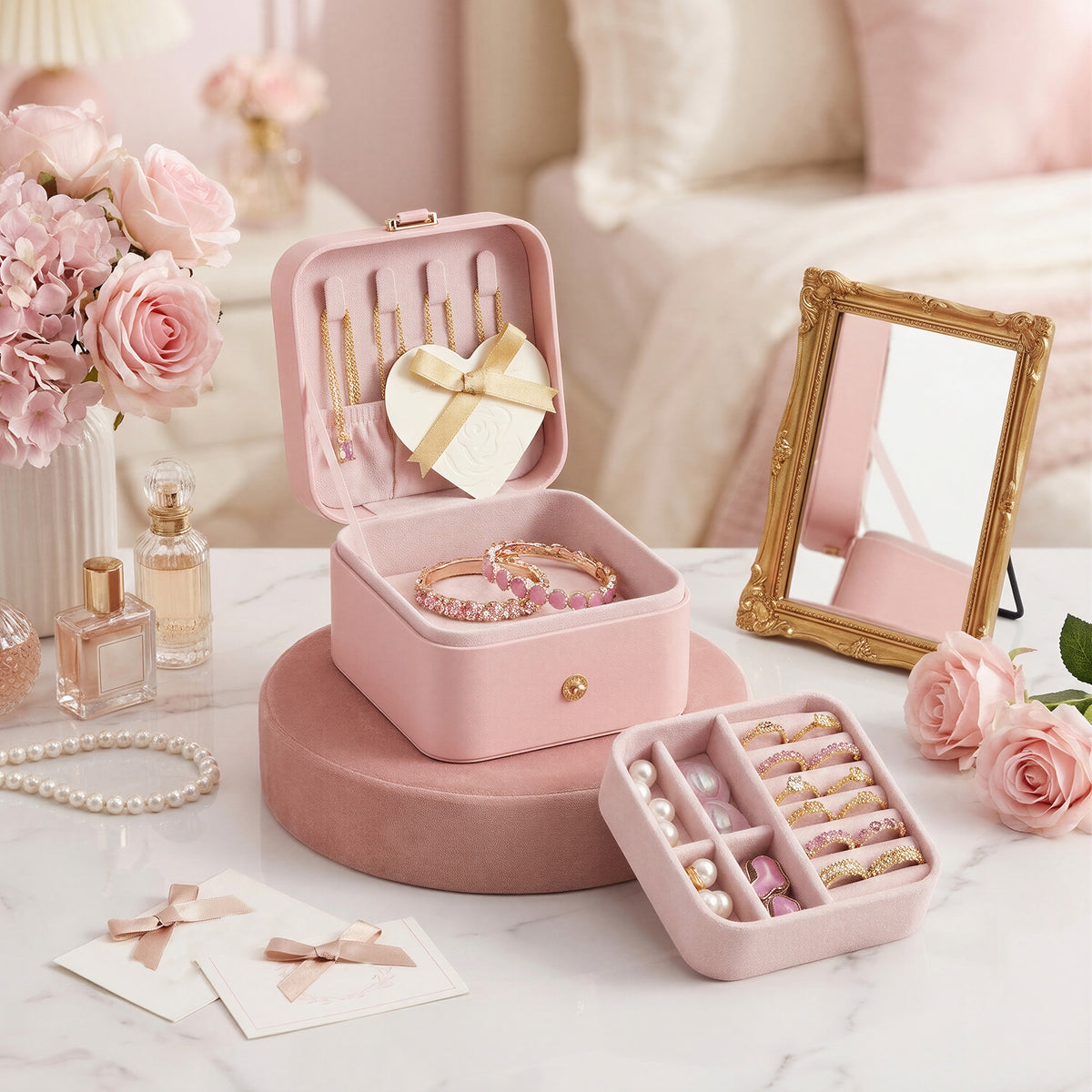 Open pink jewelry organizer with its removable tray displayed beside the case on a dressing table.