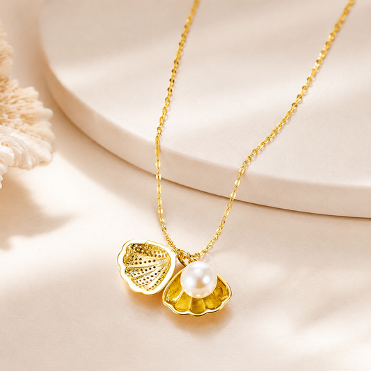 Women’s Gold-Tone Shell Pendant Necklace with Pearl-Look Bead