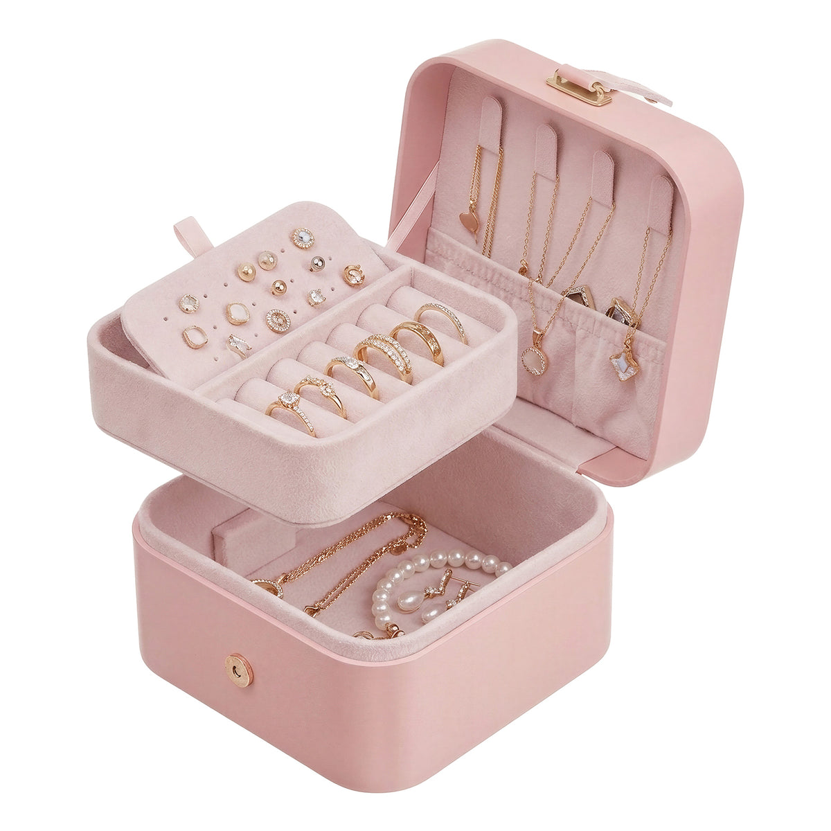 Pink two-layer jewelry organizer with removable tray, ring slots, earring panel, and necklace hooks.