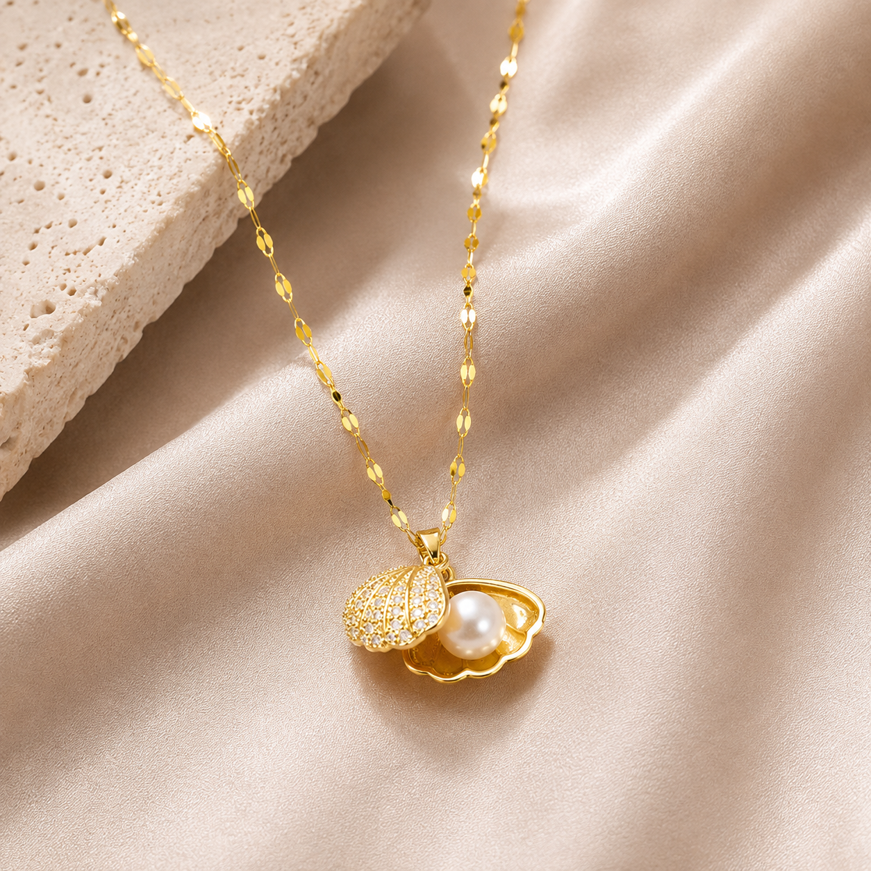 Women’s Gold-Tone Shell Pendant Necklace with Pearl-Look Bead