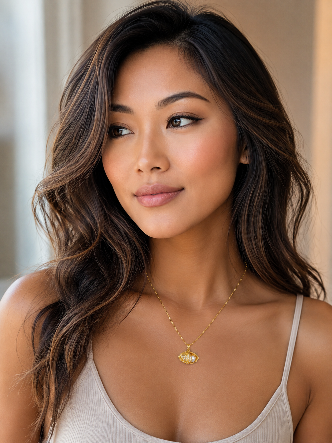 Women’s Gold-Tone Shell Pendant Necklace with Pearl-Look Bead