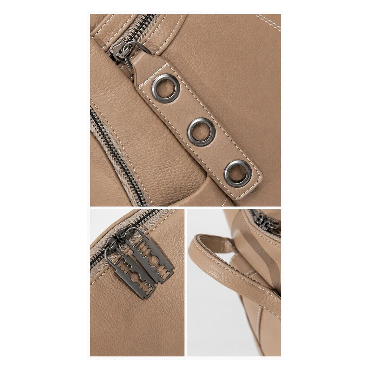 Close-up details of women's convertible PU leather backpack texture, zippers and stitching
