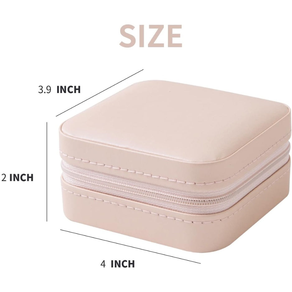 Closed pink jewelry case measuring approximately 4 × 3.9 × 2 inches.