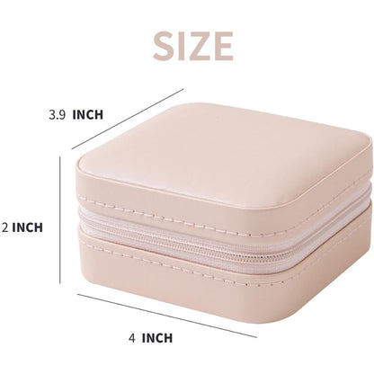Closed pink jewelry case measuring approximately 4 × 3.9 × 2 inches.