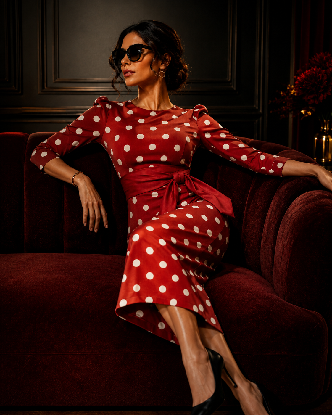 Elegant Polka Dot Dress with Waist Sash