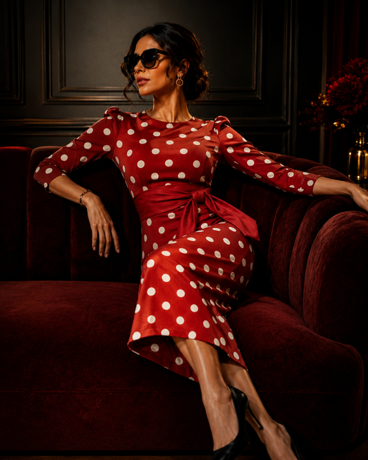 Elegant Polka Dot Dress with Waist Sash