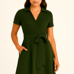 Army green wrap dress with short sleeves, waist tie, and notched collar worn by model with medium skin tone.