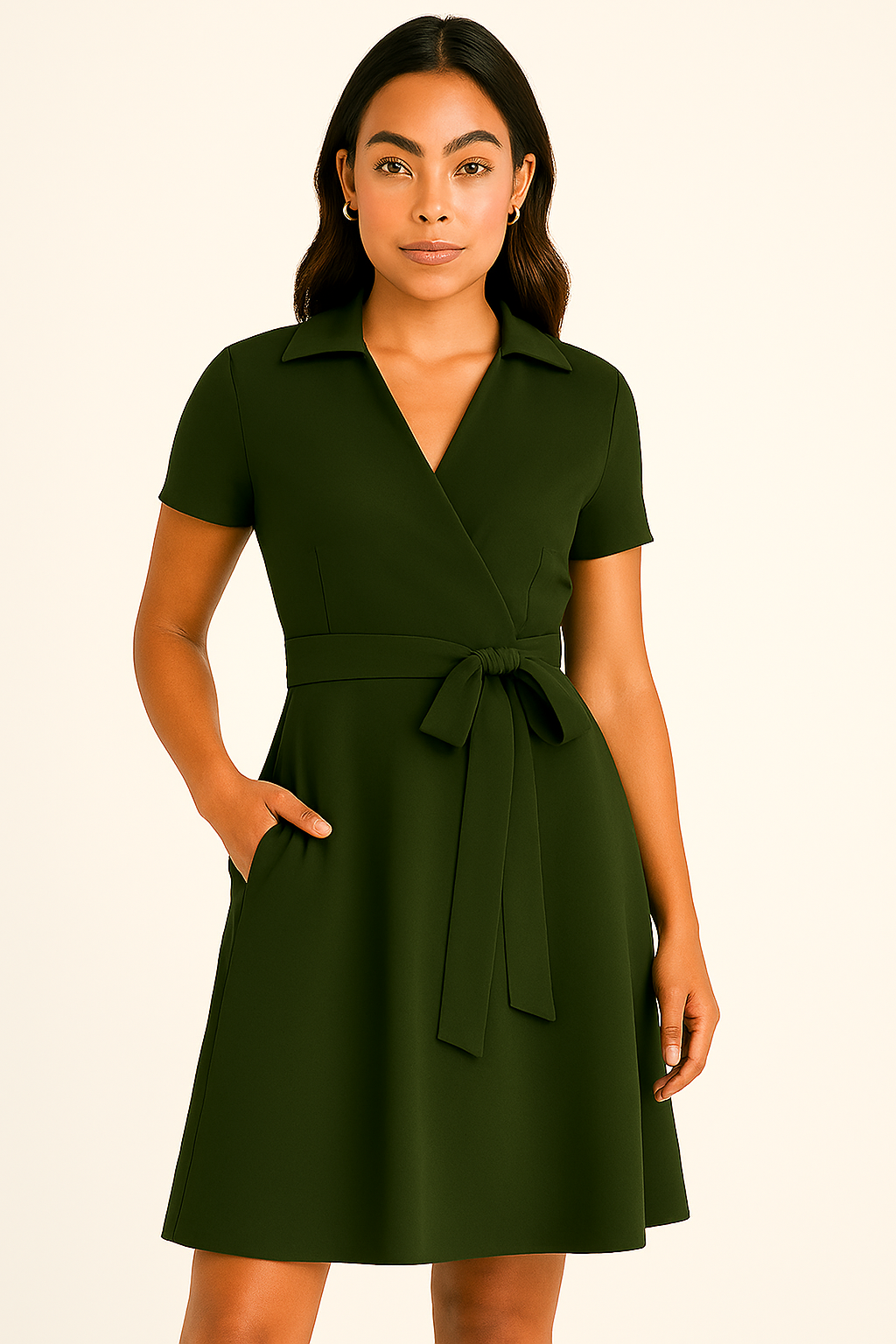 Army green wrap dress with short sleeves, waist tie, and notched collar worn by model with medium skin tone.