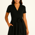 Black short-sleeve wrap dress with waist tie and notched collar on model with medium skin tone.