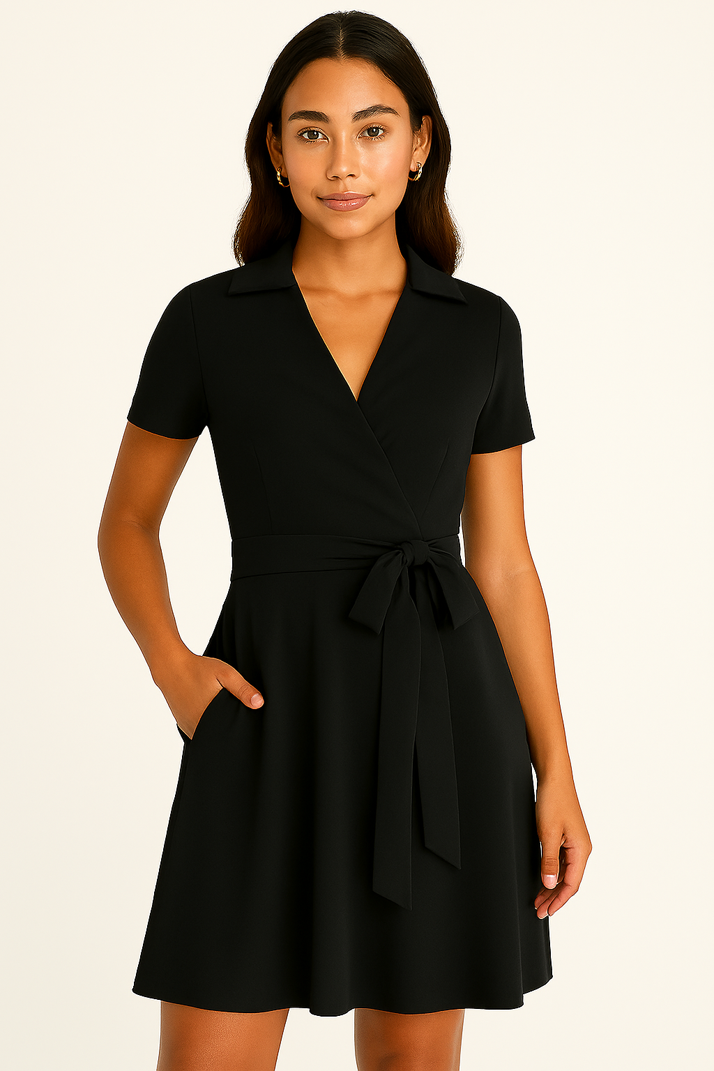Black short-sleeve wrap dress with waist tie and notched collar on model with medium skin tone.