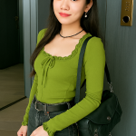 East Asian woman wearing an olive green ruffled square-neck long sleeve top paired with high-waisted black jeans, standing indoors with a crossbody quilted bag.