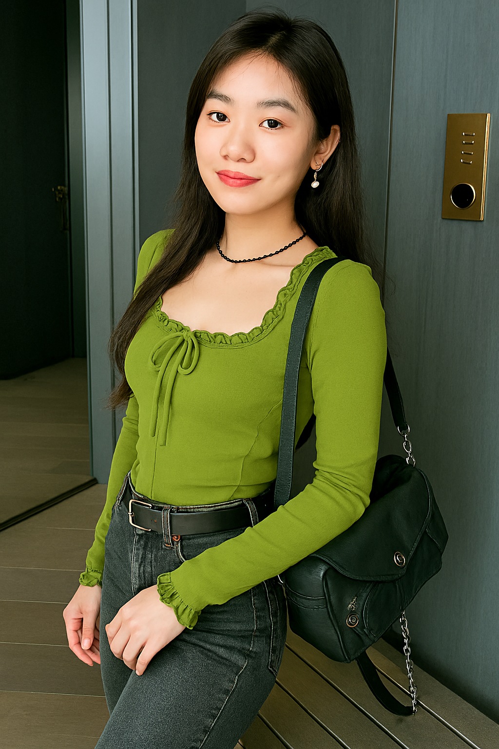 East Asian woman wearing an olive green ruffled square-neck long sleeve top paired with high-waisted black jeans, standing indoors with a crossbody quilted bag.