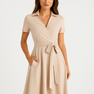 Young woman in a beige wrap dress with a bow-tied belt and lapel-style collar, posing against a clean white backdrop.