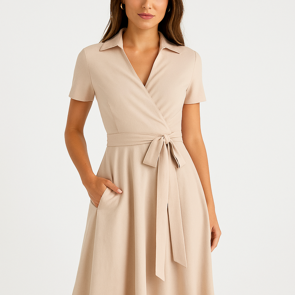 Young woman in a beige wrap dress with a bow-tied belt and lapel-style collar, posing against a clean white backdrop.
