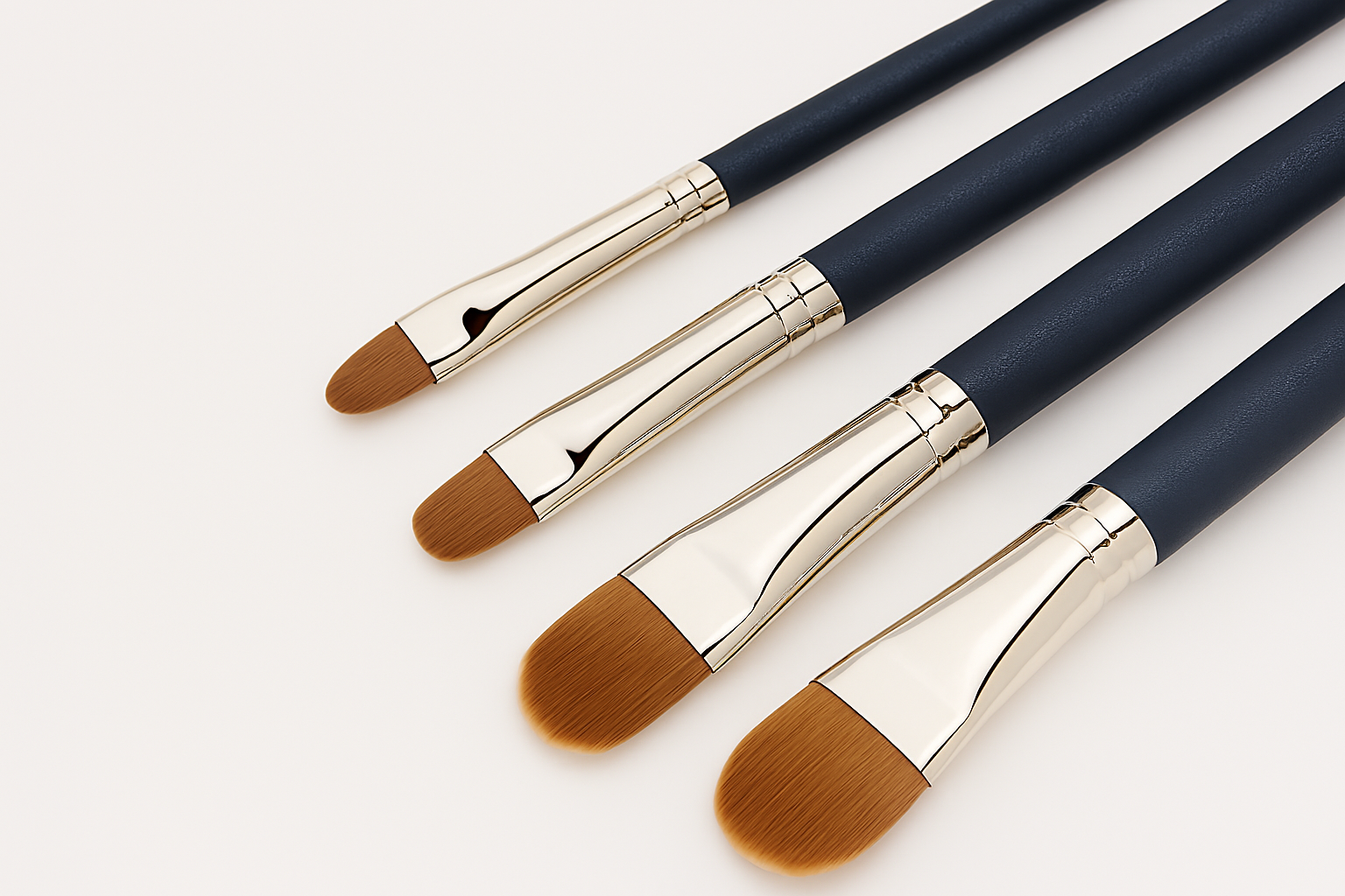 Four premium makeup brushes in graduated sizes displayed diagonally on a clean white background, featuring navy blue handles, silver ferrules, and soft brown synthetic bristles.
