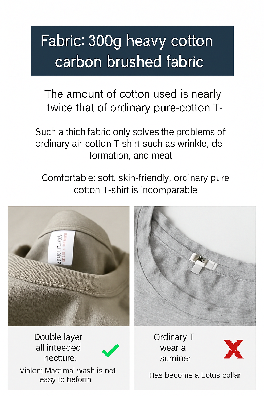 Side-by-side comparison of double-layered and single-layer T-shirt collars with fabric and durability notes