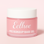 Semi-transparent pink jar of Eelhoe Pre Makeup Base Gel with white lid and branding, displayed on a soft pink background.
