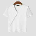 White ribbed knit V-neck wrap sweater with mesh short sleeves on wooden hanger, flat-lay against light gray background