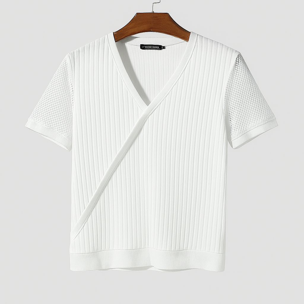 White ribbed knit V-neck wrap sweater with mesh short sleeves on wooden hanger, flat-lay against light gray background