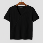 Black ribbed V-neck short-sleeved sweater with mesh panels, displayed on a wooden hanger against a light gray background