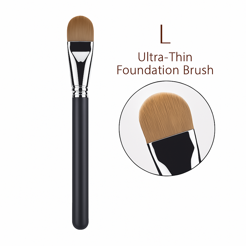 L Ultra-Thin Foundation Brush with gradient bristles, silver ferrule, and matte black handle shown upright with close-up detail.