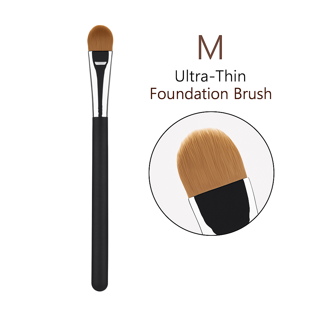 Flat-cut concealer brush with gradient brown bristles, silver ferrule, and black matte handle shown upright with close-up detail on white background.