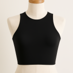 Black sleeveless crop top displayed on off-white mannequin with wooden finial against white background.