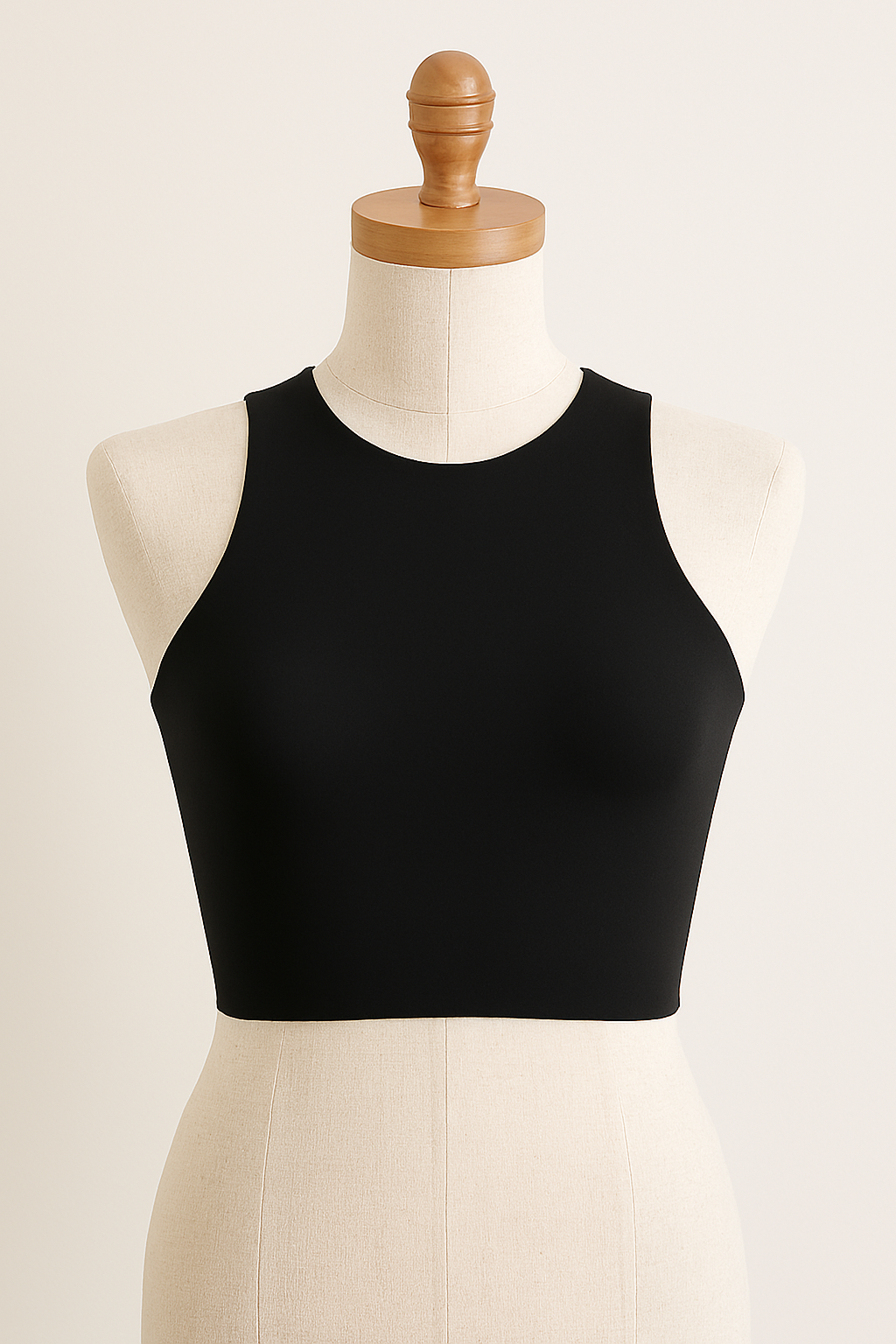 Black sleeveless crop top displayed on off-white mannequin with wooden finial against white background.