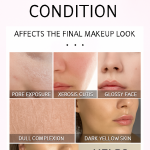 Skincare visual grid showcasing five makeup-affected skin conditions—pore exposure, dry skin, oiliness, dull complexion, and yellow undertones—against a pink gradient background with bold titles and labeled examples.