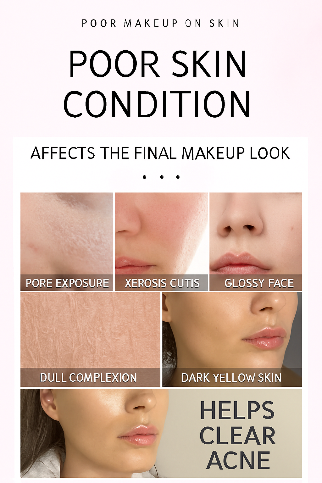 Skincare visual grid showcasing five makeup-affected skin conditions—pore exposure, dry skin, oiliness, dull complexion, and yellow undertones—against a pink gradient background with bold titles and labeled examples.