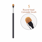 Small S-size round head concealer brush with matte black handle and soft bristles, displayed on a white background with close-up inset.