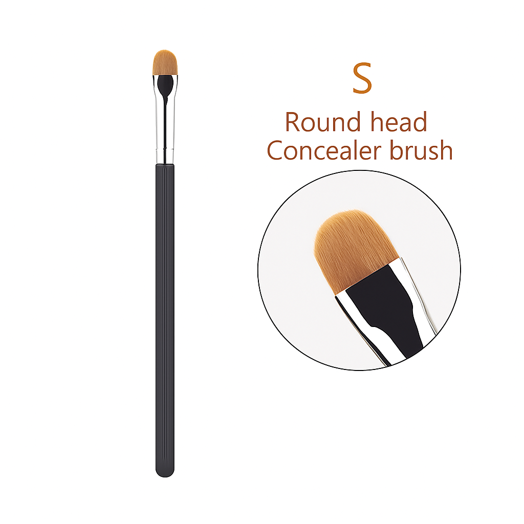 Small S-size round head concealer brush with matte black handle and soft bristles, displayed on a white background with close-up inset.
