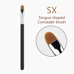 X tongue-shaped concealer brush with dense brown bristles and silver ferrule, displayed vertically with close-up inset, on white background.
