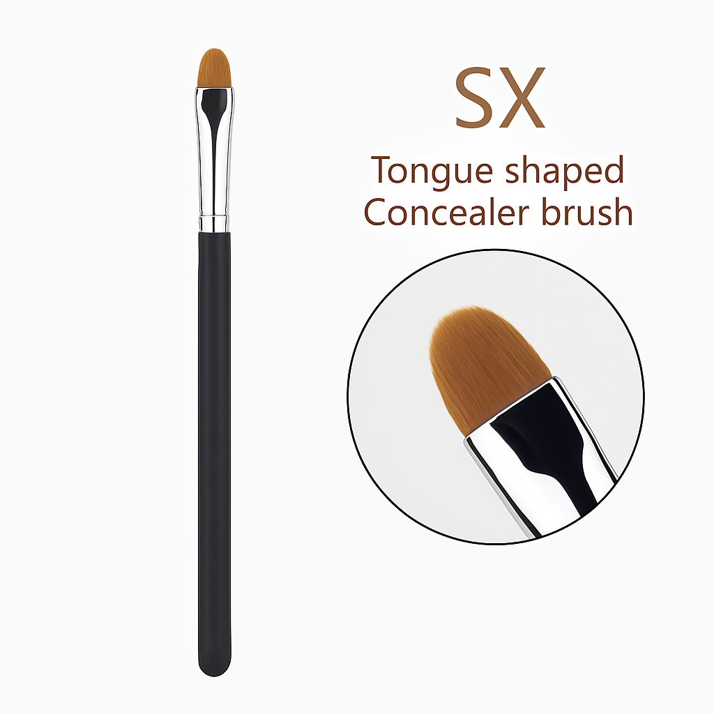 X tongue-shaped concealer brush with dense brown bristles and silver ferrule, displayed vertically with close-up inset, on white background.