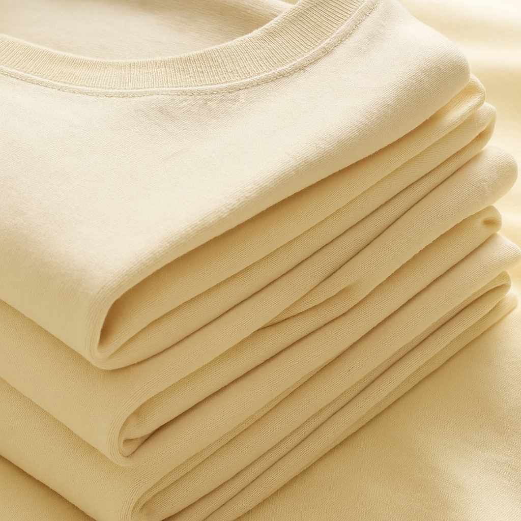 A close-up image of four folded t-shirts in green, orange, gray, and white, each with a visible size L tag.