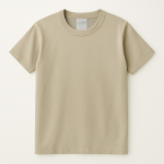 Flat-lay of a beige crewneck T-shirt with short sleeves, displayed on a white background.