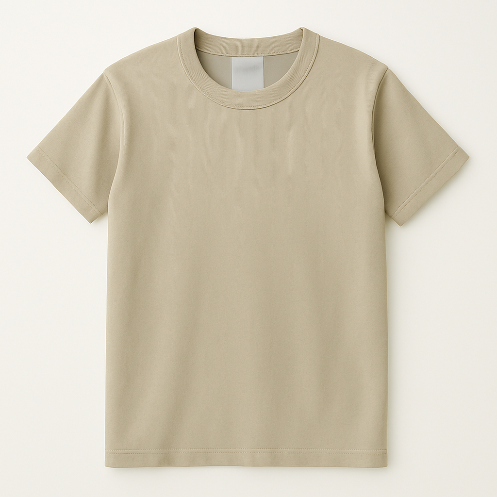 Flat-lay of a beige crewneck T-shirt with short sleeves, displayed on a white background.