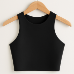 Black sleeveless crop top on wooden hanger against white background.