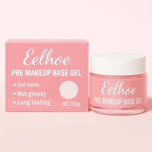 Eelhoe Pre Makeup Base Gel box and jar displayed side by side on a pastel pink background, both featuring white branding and clean design.