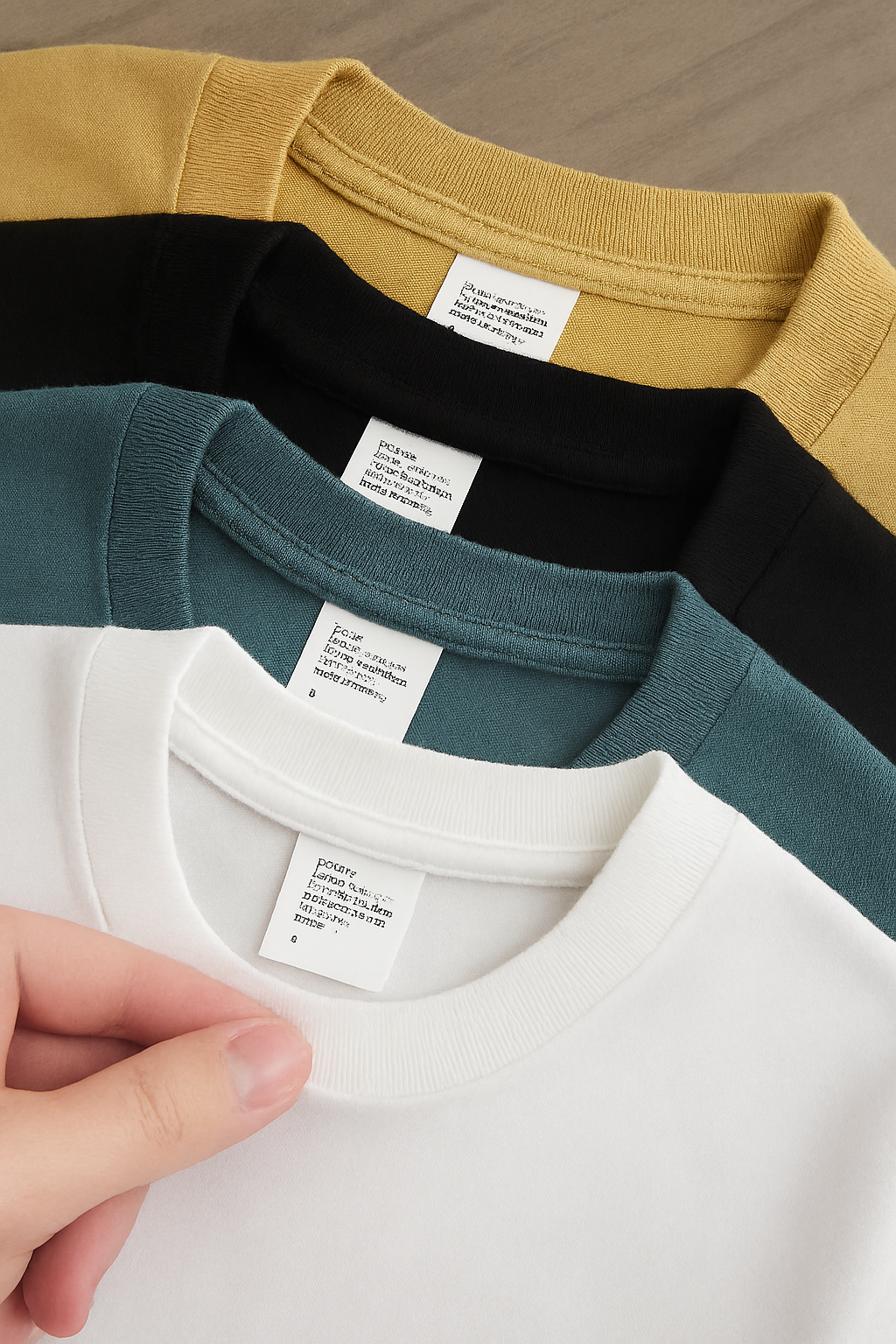 Stack of four crewneck t-shirts in teal, mustard yellow, black, and white, laid on a wooden surface with a hand holding the white shirt’s collar.