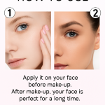Two-step makeup primer tutorial featuring close-up shots of a woman applying and wearing makeup, set against a soft pink background.