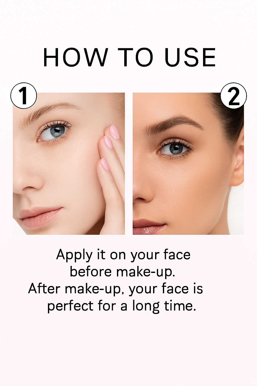 Two-step makeup primer tutorial featuring close-up shots of a woman applying and wearing makeup, set against a soft pink background.