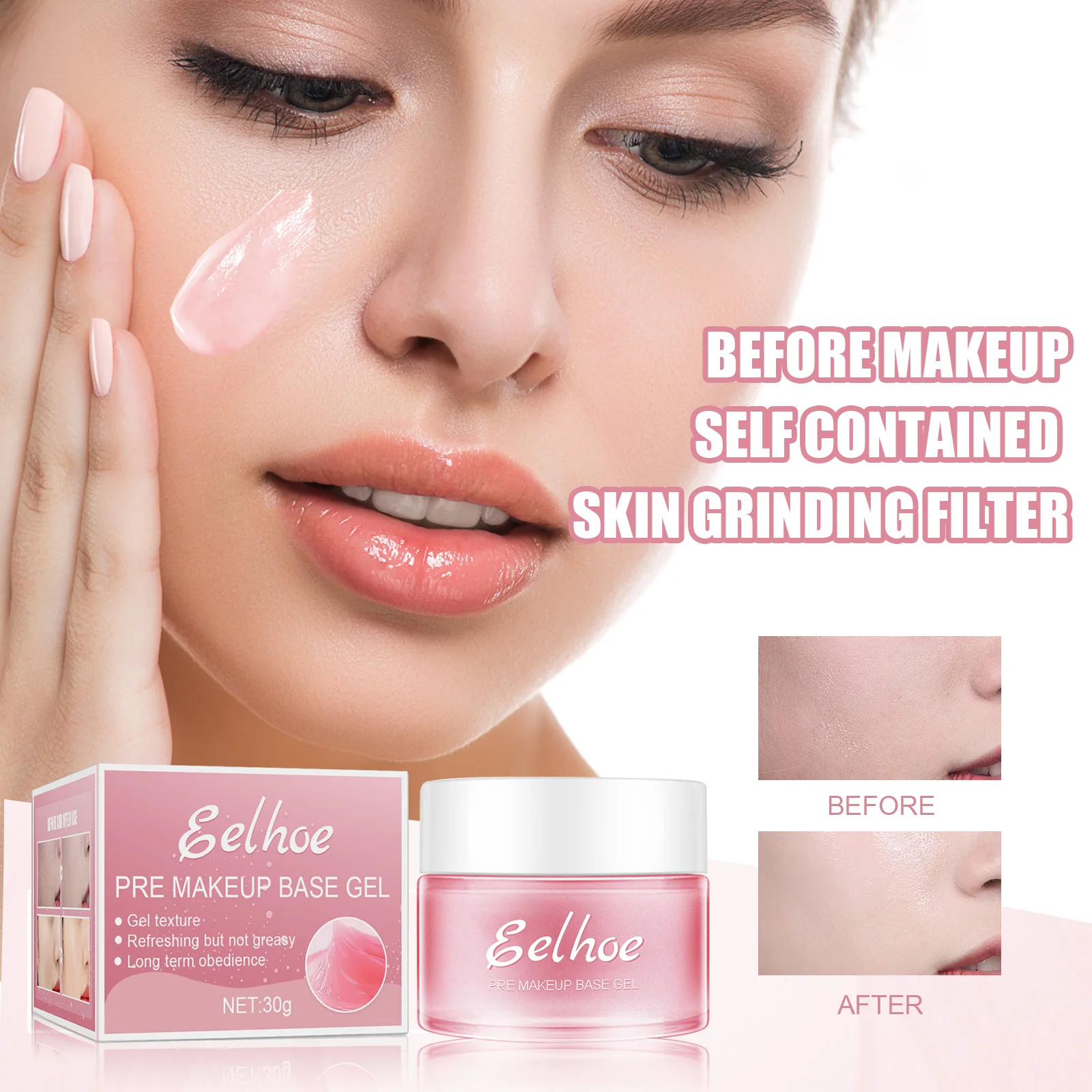 Eelhoe Pre Makeup Base Gel product display featuring packaging, gel jar, and skin comparison visuals.
