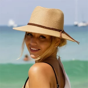 Classic Wide-Brim Straw Fedora Sun Hat with Brown Ribbon