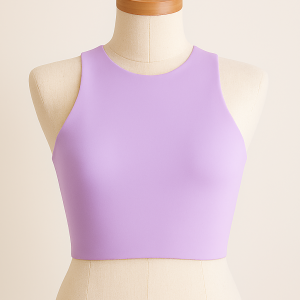 Lavender sleeveless crop top displayed on off-white mannequin with wooden finial against beige background.